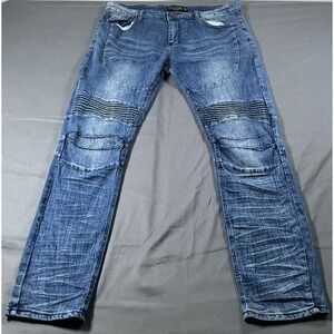 Demolition Mens Moto Biker Jeans Blue Distressed Slim Straight 36x30 Stretch